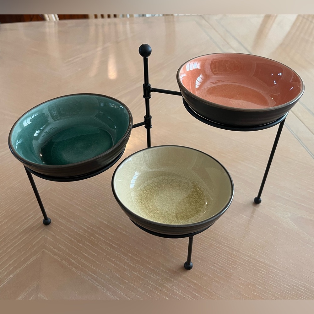 Vintage Pier 1 stoneware bowls and wrought iron serving stand set.